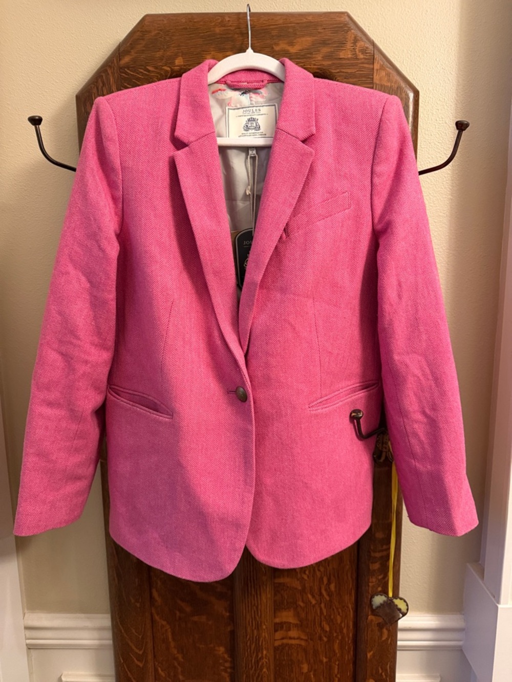 Joules Bright Pink herringbone wool blend Single-Button Blazer